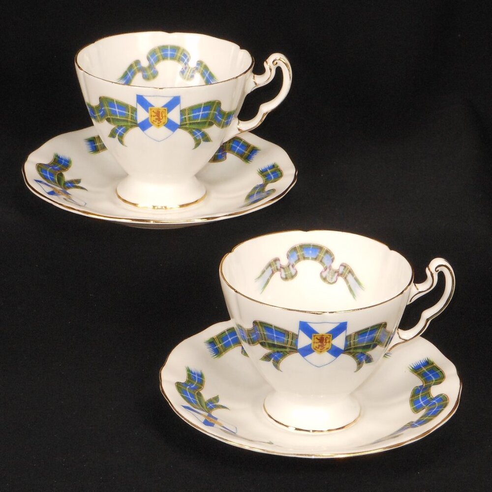 2  beautiful sets of bone china tea cup & saucer. Adderley UK Nova Scotia Tartan